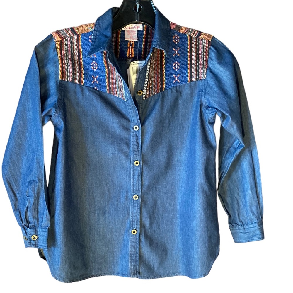Angie Girl Jean Button Down Jacket Colorful Fabric Lapels NWT Size M Girls.